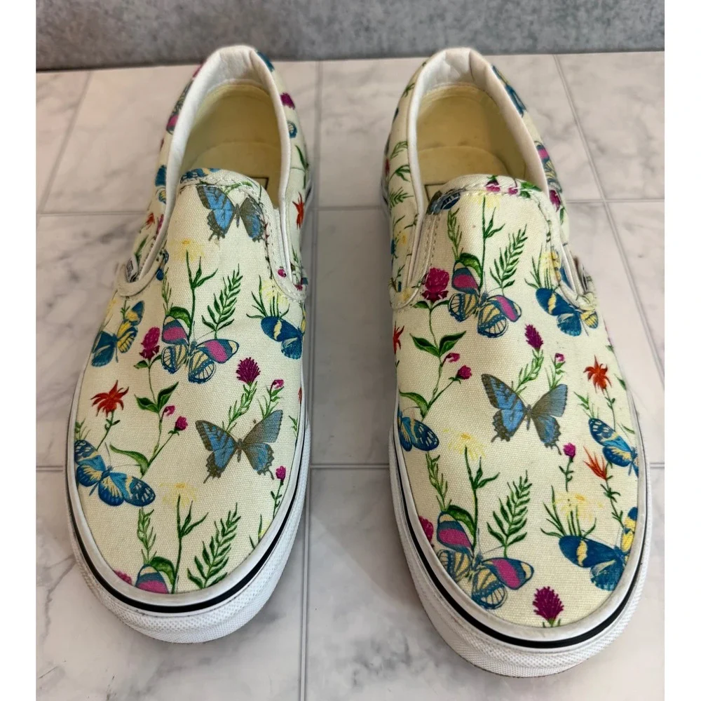 Vans Classic Slip-On Cream/Yellow Butterfly Floral Canvas Shoes Womens 6.5